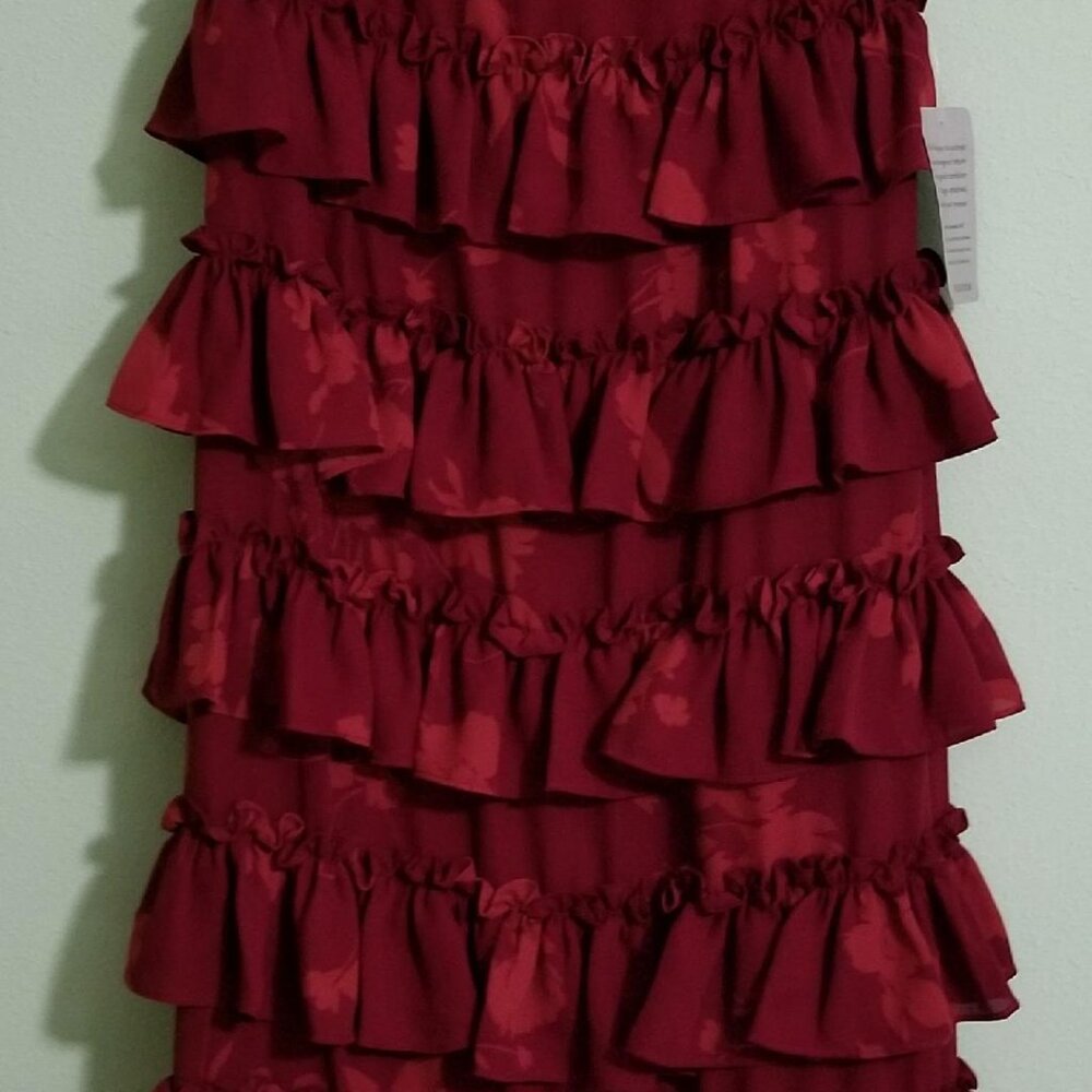 Waye Masie Ravishing  Ruffles  (cranberry,burgundy, oxblood) floral midi dress M
